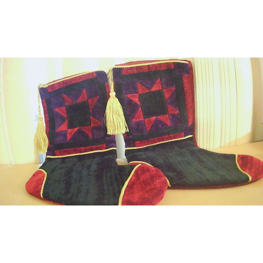 Pair of Beautiful Christmas Stockings Vintage Patchwork Gold Rope Tassel 18"